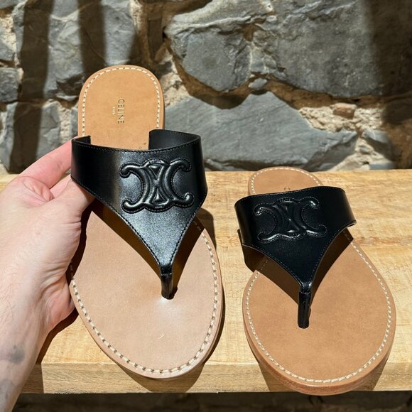 Celine Black Leather Triomphe Logo Lympia Thong Sandals - Picture 5 of 13